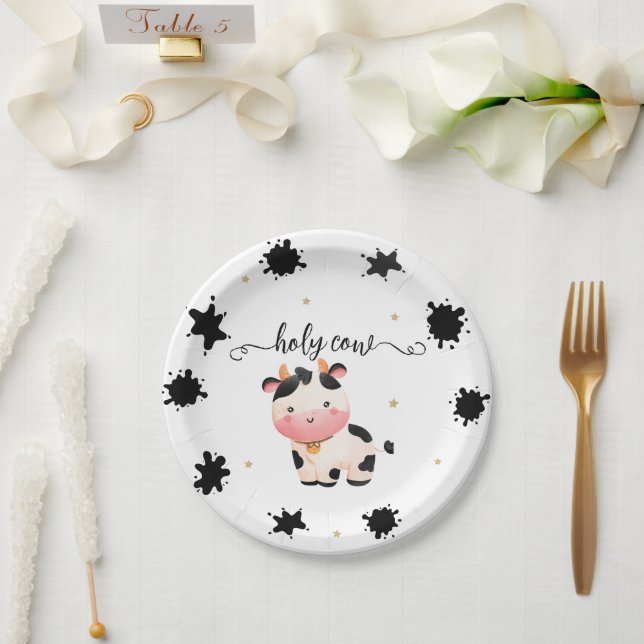 Prato De Papel Chá de Bebê Neutro Boho Vaca (Casamento)