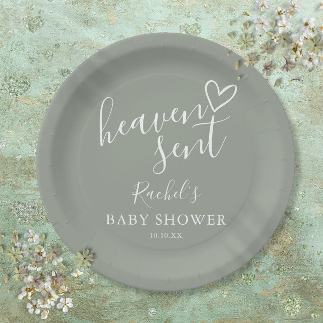 Prato De Papel Chá de Bebê Neutro Heaven Sent Sage Verde (Heaven Sent Sage Green Gender Neutral Baby Shower Paper Plates)