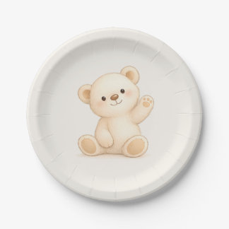 Prato De Papel Chá de Bebê Neutro Urso Teddy Boho Fofo