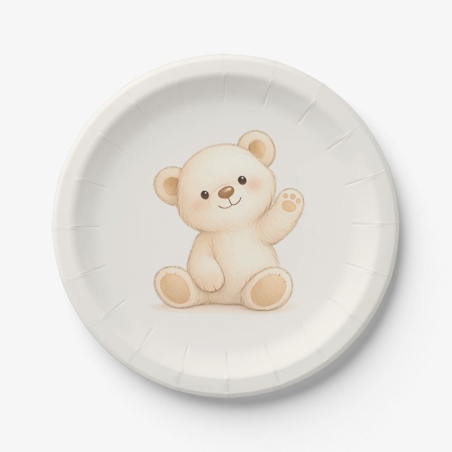Prato De Papel Chá de Bebê Neutro Urso Teddy Boho Fofo (Frente)
