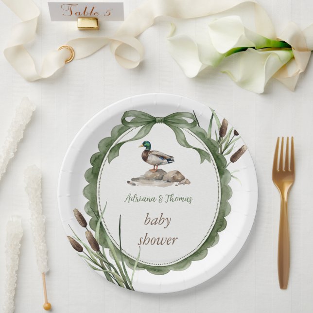 Prato De Papel Chá de Bebê Pato Verde Branco (Casamento)