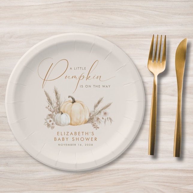 Prato De Papel Chá de Bebê Pequena Abóbora de Outono (Little Pumpkin Fall Baby Shower Paper Plates)