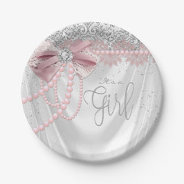 Prato De Papel Chá de Bebê Pérola Diamante Rosa Bege Elegante