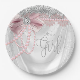 Prato De Papel Chá de Bebê Pérola Diamante Rosa Bege Elegante