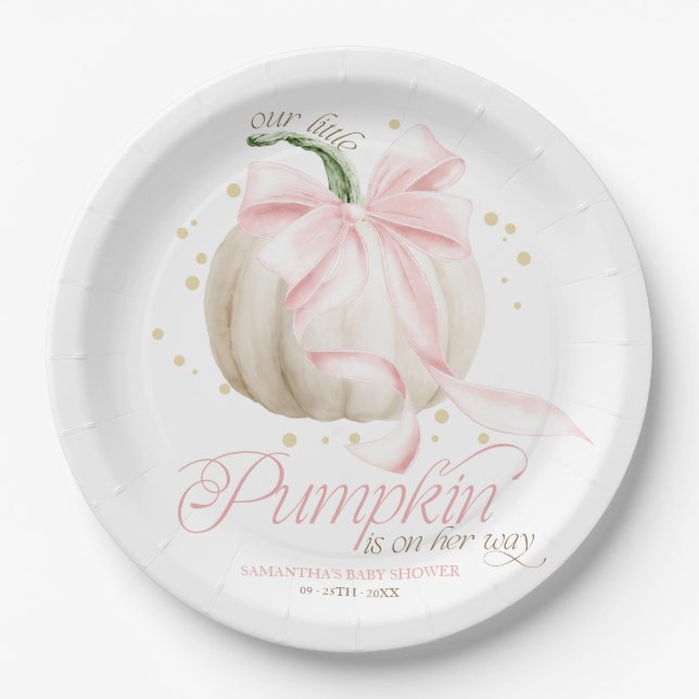 Prato De Papel Chá de Bebê Personalizado Little Pumpkin Pink Bow (Frente)