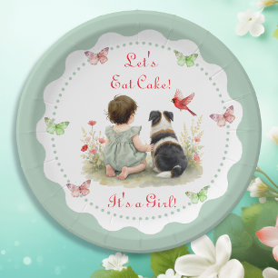 Prato De Papel Chá de Bebê Personalizado Menina e seu Cachorrinho