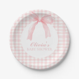 Prato De Papel Chá de bebê préppy com laço rosa e xadrez gingham