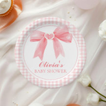 Chá de bebê préppy com laço rosa e xadrez gingham
