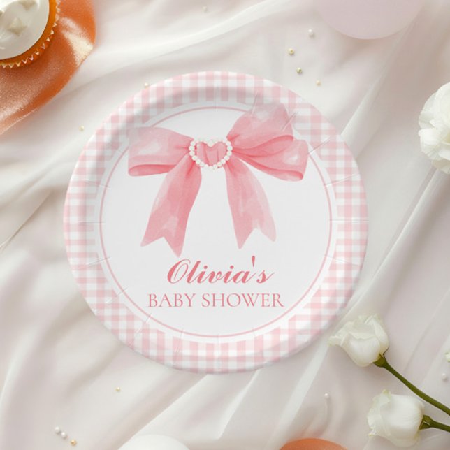 Prato De Papel Chá de bebê préppy com laço rosa e xadrez gingham (Criador carregado)