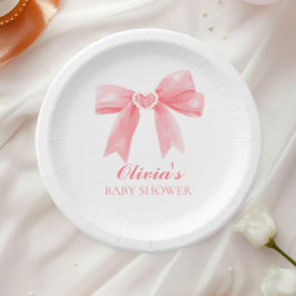 Prato De Papel Chá de bebê préppy com laço rosa e xadrez gingham