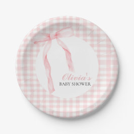 Prato De Papel Chá de bebê préppy com laço rosa e xadrez gingham