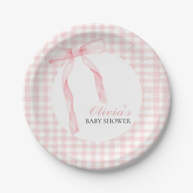Prato De Papel Chá de bebê préppy com laço rosa e xadrez gingham (Frente)