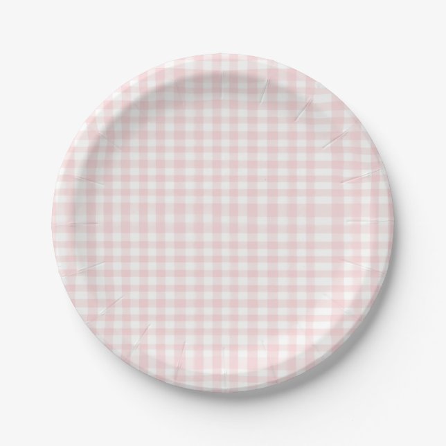 Prato De Papel Chá de bebê préppy com laço rosa e xadrez gingham (Frente)