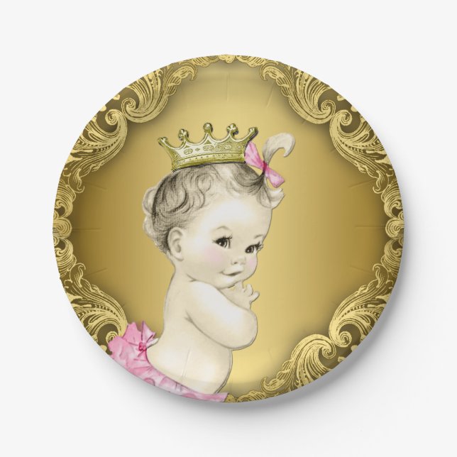 Prato De Papel Chá de Bebê Princesa Dourada (Frente)