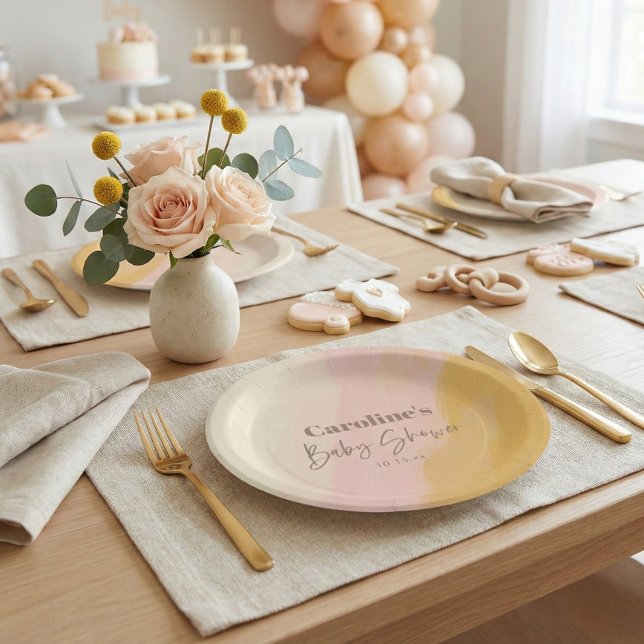 Prato De Papel Chá de Bebê Rosa Amarelo Script Personalizado   (Criador carregado)