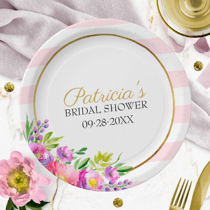 Prato De Papel Chá de Bebê Rosa e Dourado Floral Aquarela