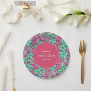 Prato De Papel Chá de Bebê Rosa e Verde Tropical Floral Nupcial