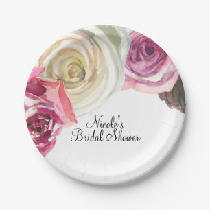 Prato De Papel Chá de Bebê Rosa em Aquarela e Branco Chic