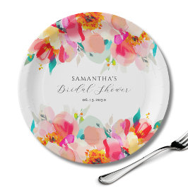 Prato De Papel Chá de Bebê Rosa Floral Moderna em Aquarela
