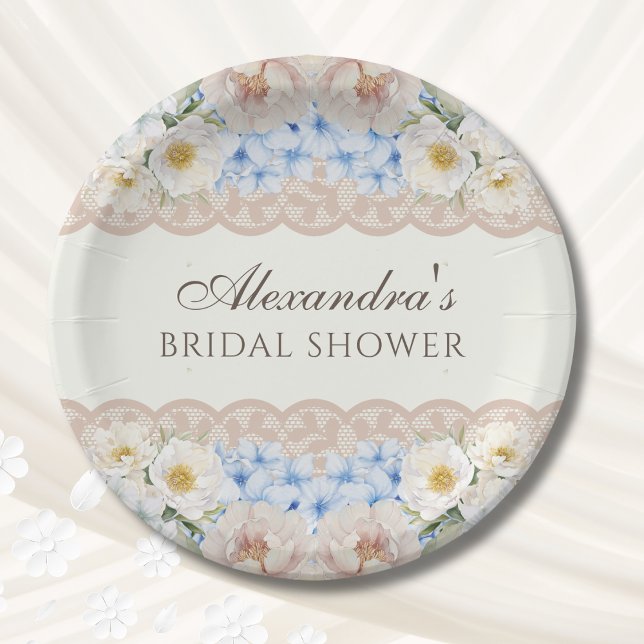 Prato De Papel Chá de Bebê Rosa Marfim Hydrangea Azul Casamento (Criador carregado)