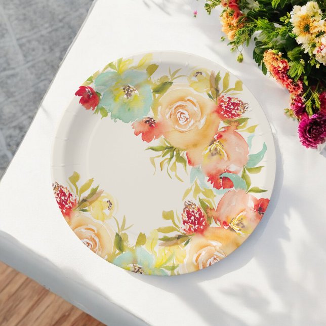 Prato De Papel Chá de bebê rústico boêmio florido aquarela (Boho rustic pretty floral watercolor bridal shower paper plates)