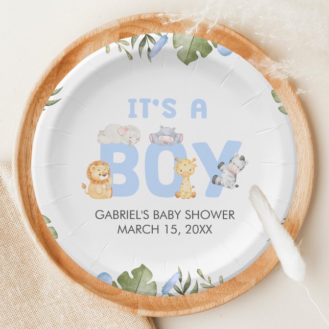 Prato De Papel Chá de Bebê Safari Menino  (Safari Jungle Animals Baby Shower Paper Plate)