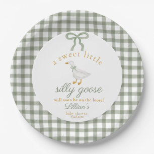 Prato De Papel Chá de Bebê Silly Goose Green Gingham Cottagecore