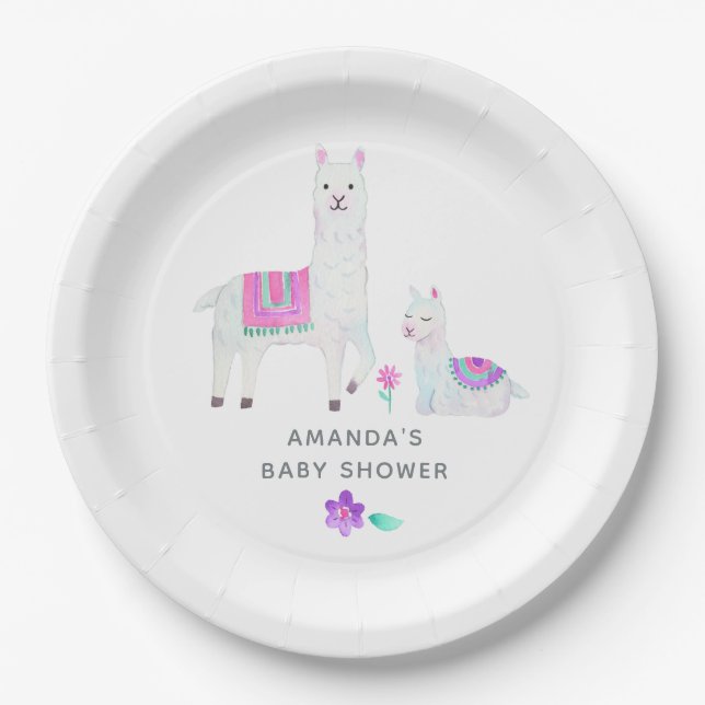 Prato De Papel Chá de Bebê temático Llama em Aquarela (Frente)