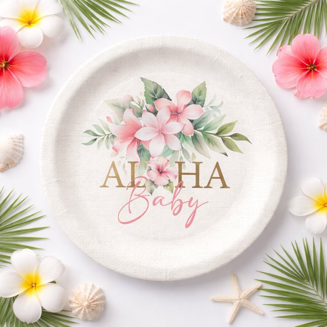 Prato De Papel Chá de Bebê Tropical Rosa Floral Aloha (Watercolor Tropical Pink Floral Aloha Baby Shower Paper Plates)