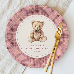 Prato De Papel Chá de Bebê Urso de Pelúcia em Xadrez Rosa Vintage