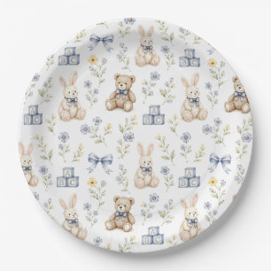 Prato De Papel Chá de Bebê Urso de Pelúcia Floral Azul Coelho Ber