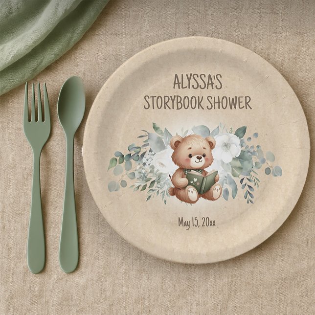 Prato De Papel Chá de Bebê Urso de Pelúcia Storybook  (Storybook teddy bear baby shower paper plates)