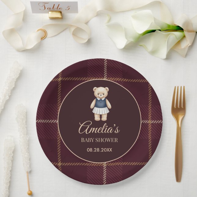 Prato De Papel Chá de Bebê Urso Teddy Polo Clássico Xadrez Préppy (Casamento)