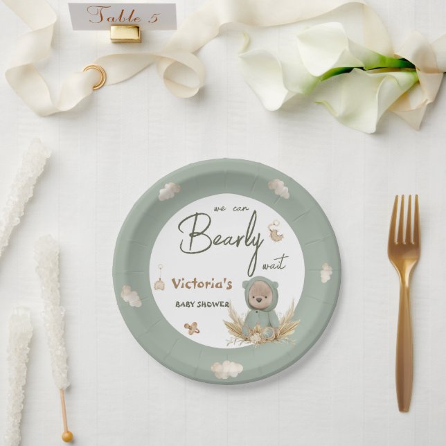 Prato De Papel Chá de Bebê Urso Verde Boho Berçário  (Casamento)