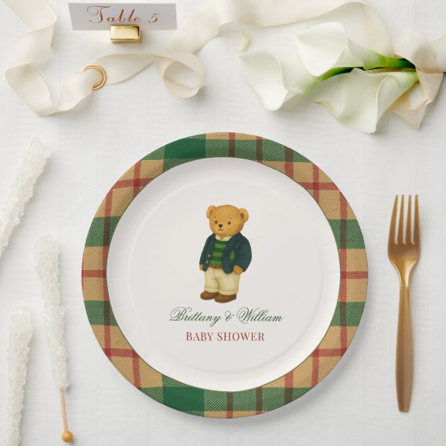 Prato De Papel Chá de Bebê Urso Xadrez de Natal Preppy  (Casamento)