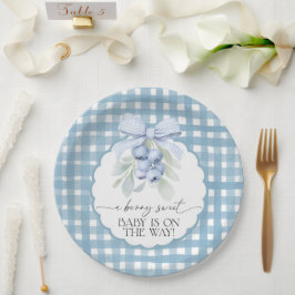 Prato De Papel Chá de Bebê Xadrez Azul Mirtilo Doce
