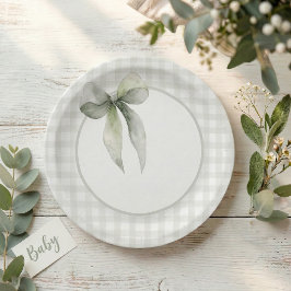 Prato De Papel Chá de Bebê Xadrez com Laço Verde Sage