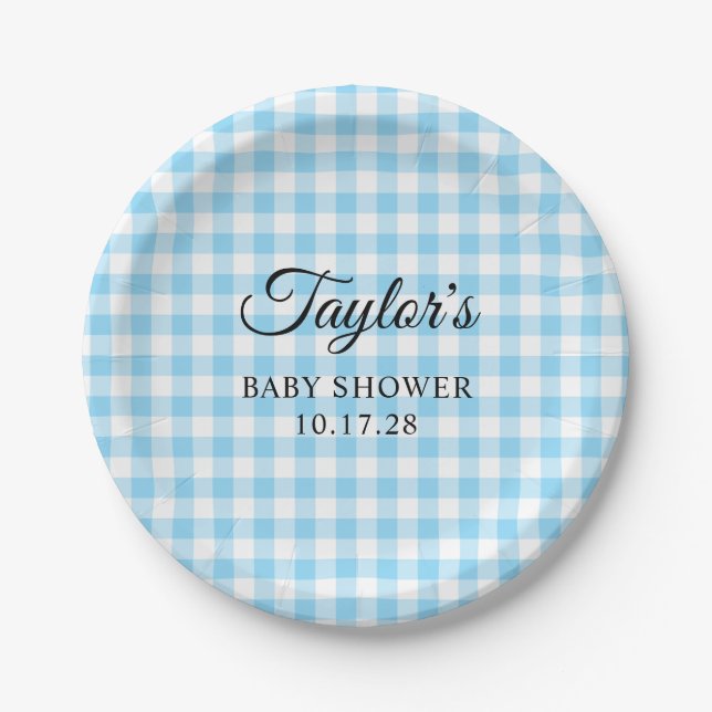 Prato De Papel Chá de Bebê Xadrez Gingham Azul (Frente)