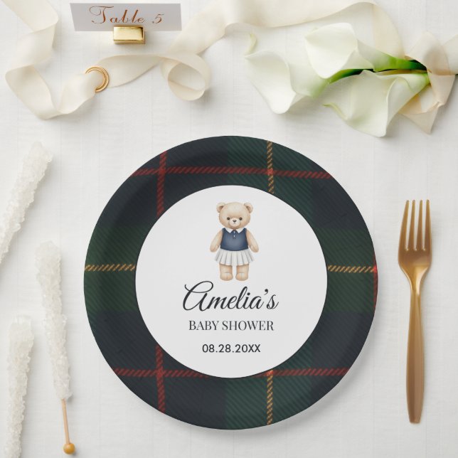 Prato De Papel Chá de Bebê Xadrez Préppy do Ursinho Polo Clássico (Casamento)