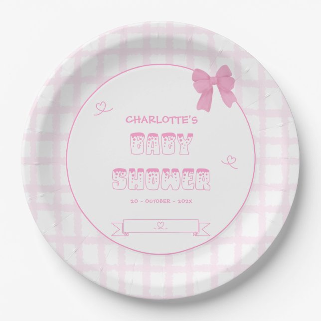 Prato De Papel Chá de Bebê Xadrez Rosa Pastel com Laço Fofo (Frente)
