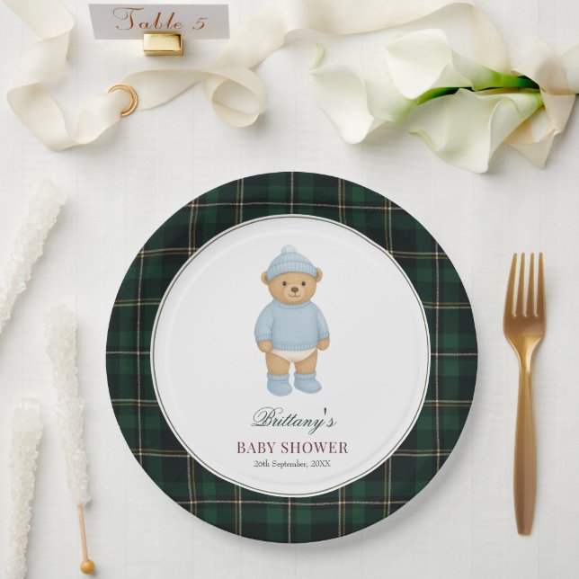 Prato De Papel Chá de Bebê Xadrez Urso Préppy Clássico (Casamento)