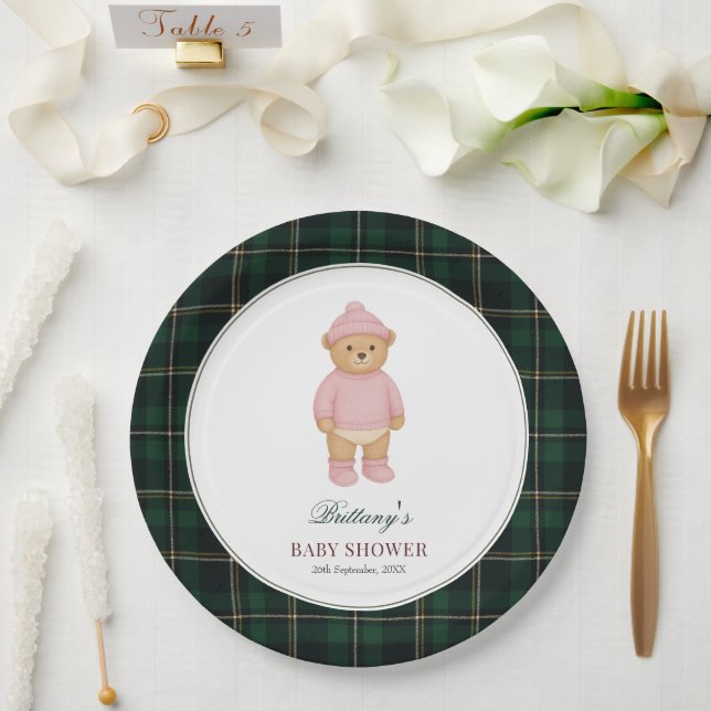 Prato De Papel Chá de Bebê Xadrez Urso Préppy Clássico (Casamento)