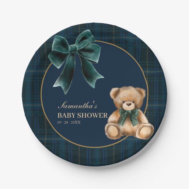 Prato De Papel Chá de Bebê Xadrez Verde Urso Teddy Elegante   (Frente)
