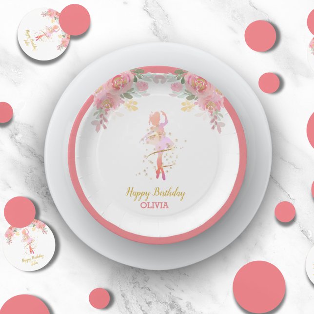 Prato De Papel Chá de Festa de aniversário Ballerina Rosa Persona (Pink Ballerina Birthday Party Shower Custom Paper Plates)