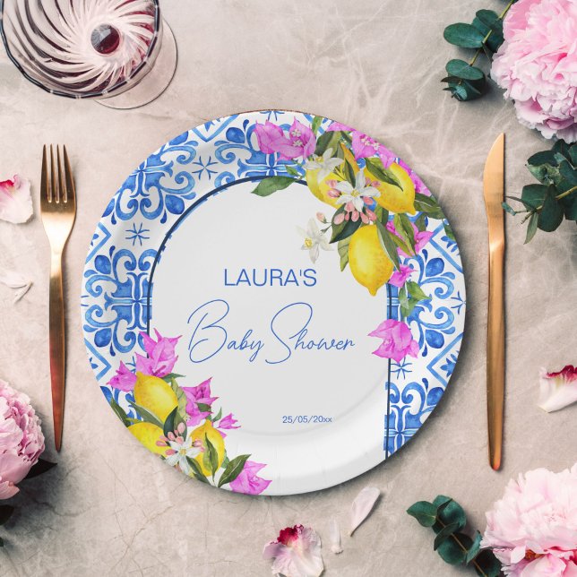 Prato De Papel Chá de fraldas Azulejo azul Lemons bougainvillea (Baby Shower Blue Tiles Lemons bougainvillea template Paper Plates personalized baby shower tableware)