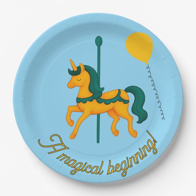 Prato De Papel Chá de fraldas/Balões de Unicórnio Whimsical (Frente)