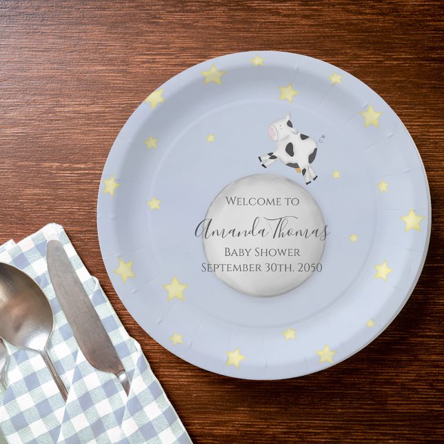 Prato De Papel Chá de fraldas Blue Nursery Rhyme Personalizado (Baby shower cow jumped over the moon custom paper plate.)