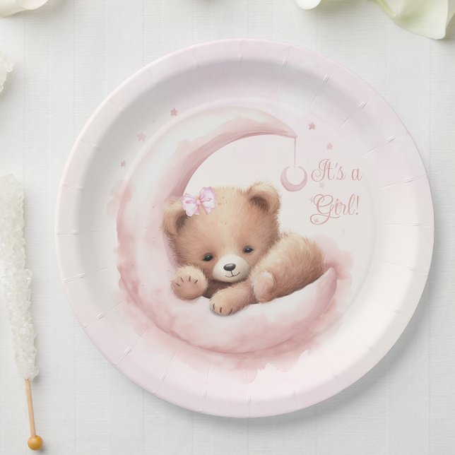 Prato De Papel Chá de fraldas Blush Pink Bear Girl (You can personalize with your text.)