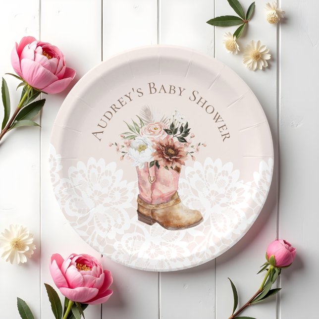 Prato De Papel Chá de fraldas Boho Floral Western Pink Cowgirl (Boho Floral Western Pink Cowgirl Boot Baby Shower Paper Plates)