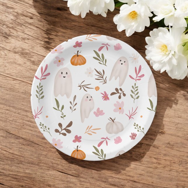 Prato De Papel Chá de fraldas brilhante de padrão fantasma de hal (Cute whimsical halloween ghost pattern baby shower paper plates)